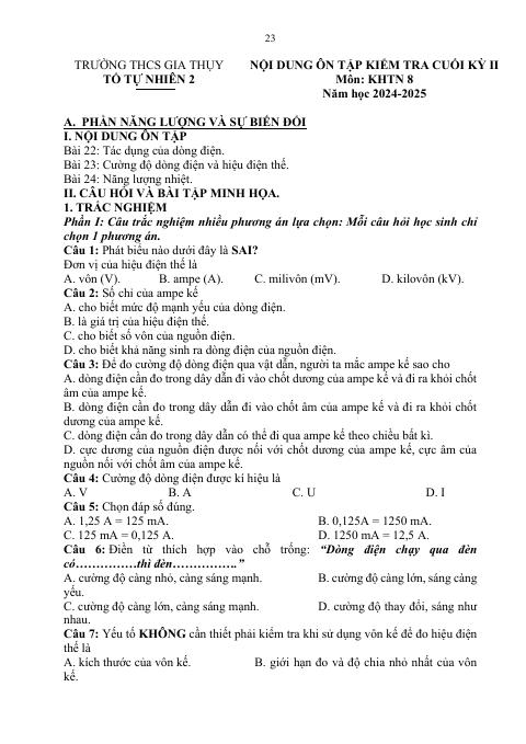 Đề cương ôn tập Học kì 2 KHTN 8 năm 2024–2025 trường THCS Gia Thuỵ (Hà Nội)